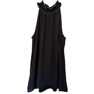 ANN TAYLOR Black Beaded Ruffle Neck Sleeveless Mixed Media Halter Top Size S